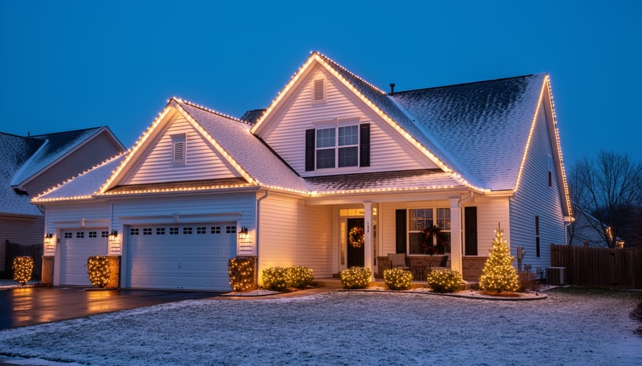 Suburban home with roofline outlined in white holiday lights at dusk