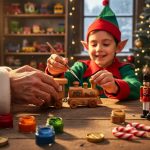 Close-up of Santa’s gloved hands and an elf painting a wooden toy train on a vintage workbench with paint pots, candy canes, and carved toy soldiers, under warm golden lights with blurred toy shelves and a Christmas tree behind.