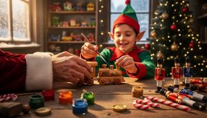 How Disney Brought Santa's Workshop to Life (And What We Can Learn From It) Close-up of Santa’s gloved hands and an elf painting a wooden toy train on a vintage workbench with paint pots, candy canes, and carved toy soldiers, under warm golden lights with blurred toy shelves and a Christmas tree behind.