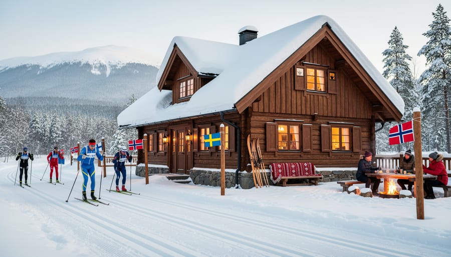 Traditional Scandinavian red ski lodge at twilight with ski tracks in foreground