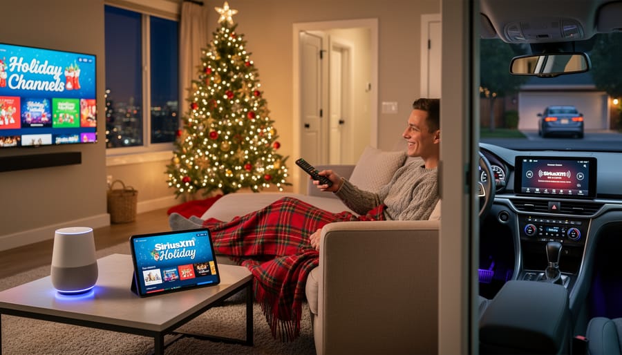 Car dashboard showing SiriusXM radio interface for accessing holiday channels