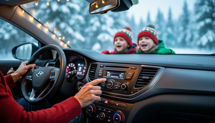 Driver adjusts a glowing car radio as children in winter hats sing in the blurred backseat, with snowy evergreen trees visible through the windows and soft festive lights inside the car.