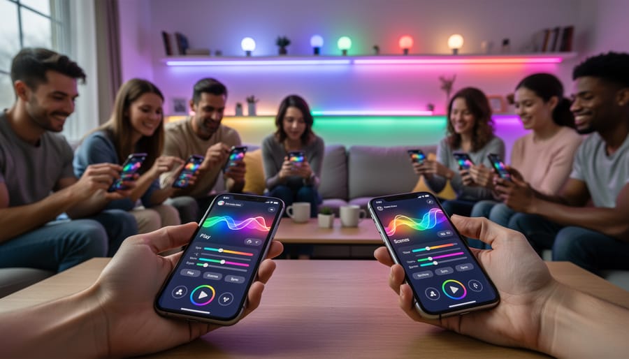 Person using smartphone app to control programmable outdoor Christmas lighting display