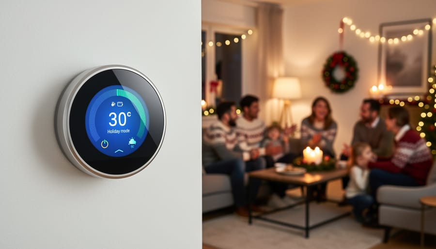 Person adjusting smart thermostat on wall with Christmas tree visible in background