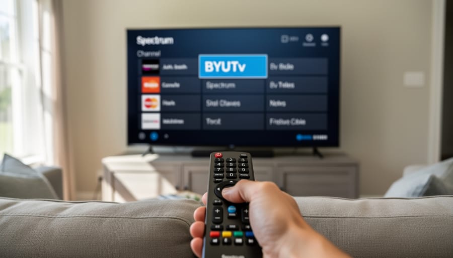 Hand holding Spectrum TV remote control pointed at television screen