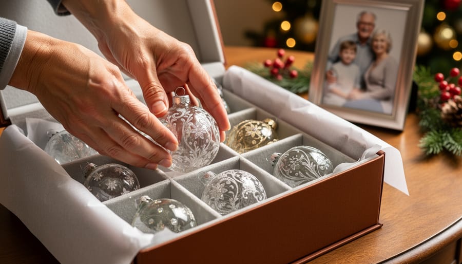 Elderly hands carefully wrapping vintage Italian glass Christmas ornament in tissue paper for storage