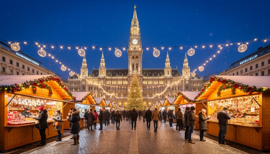 Vienna Rathausplatz Christmas market with illuminated stalls in front of Gothic City Hall at twilight
