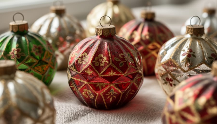 Collection of vintage Italian glass Christmas ornaments with indented patterns and hand-painted details