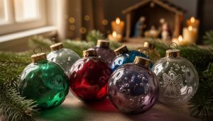 Close-up of vintage Italian hand-blown glass ornaments with indented reflector patterns and an angel design, showing tiny air bubbles, silvered interiors, and patinated brass caps on evergreen branches, with candlelight bokeh and a blurred nativity scene in the background.