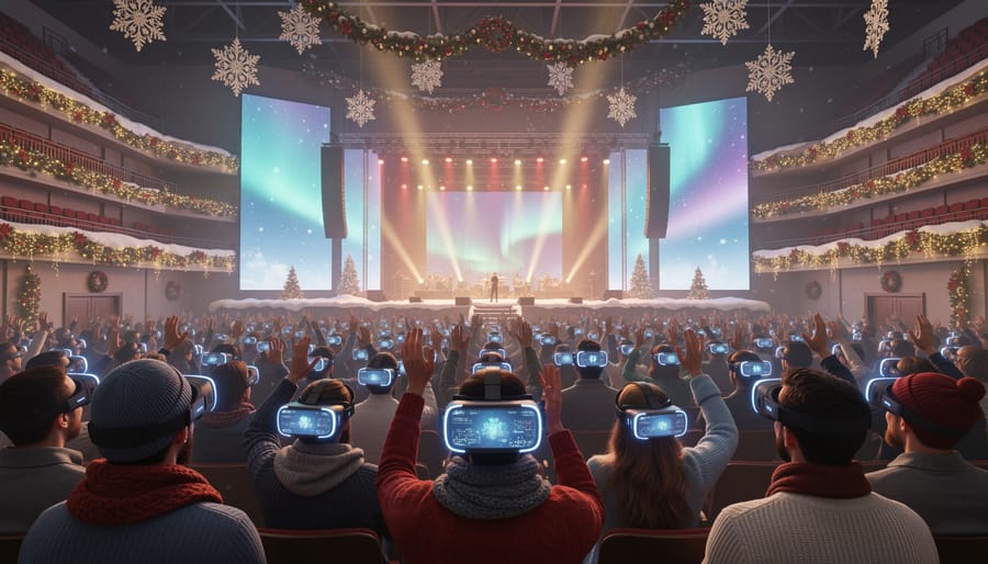 Immersive view of grand virtual concert hall with Christmas tree and orchestra during holiday performance