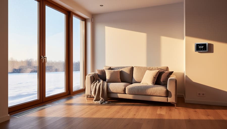 Well-sealed window with natural sunlight streaming into cozy living room during winter