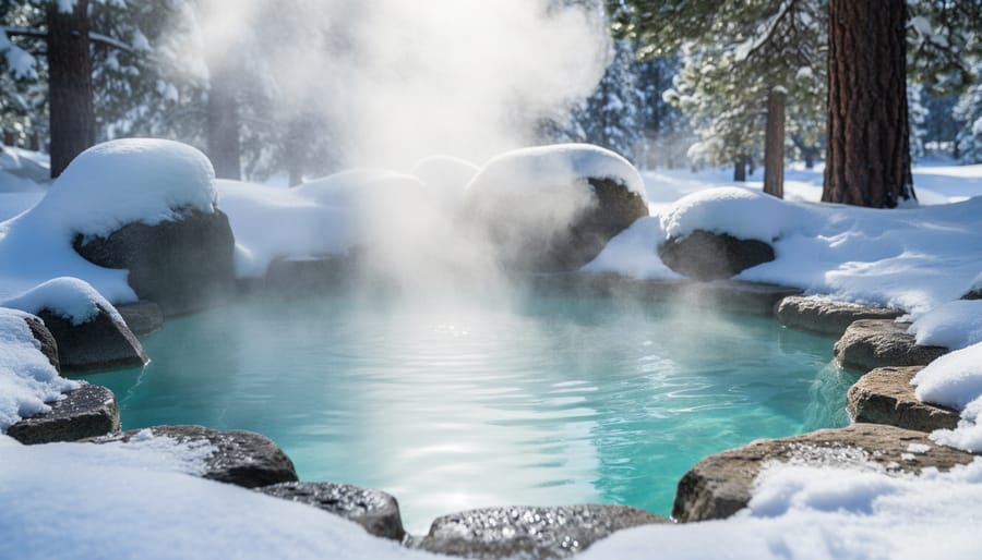 Steaming outdoor hot spring pool surrounded by snow-covered trees and rocks in winter