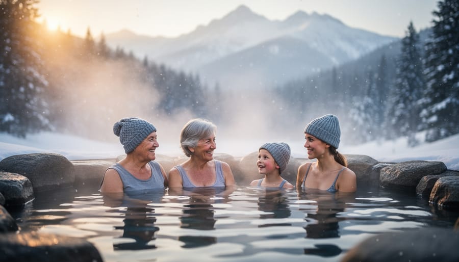 Multigenerational family soaking in a steaming natural rock hot spring while snow falls, with blurred snow-covered pines and distant mountains at golden hour.