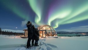 Green and purple aurora borealis over a snow-blanketed Arctic scene with a silhouetted family beside a glass igloo, moonlit snowdrifts, distant pines, and faint reflections on a frozen fjord.