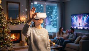 Person wearing a white VR headset reaches toward virtual snowflakes in a cozy living room with a Christmas tree, while family on the sofa watch a concert on the TV in the background.