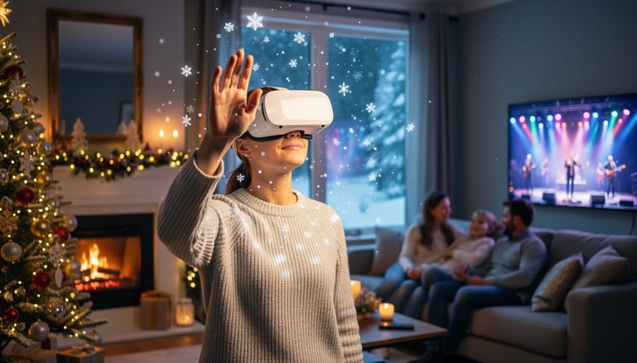 Person wearing a white VR headset reaches toward virtual snowflakes in a cozy living room with a Christmas tree, while family on the sofa watch a concert on the TV in the background.