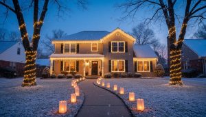 Eye-level wide shot of a suburban house at dusk with warm white holiday lights tracing the roofline, outlining windows and door, wrapping tree trunks and branches, and illuminating the front walkway with luminarias; gentle snowfall and a blue twilight sky with softly blurred neighboring homes and trees.