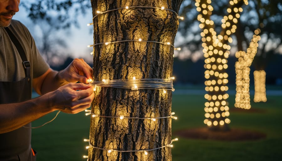Close-up of hands wrapping string lights around tree trunk in spiral pattern
