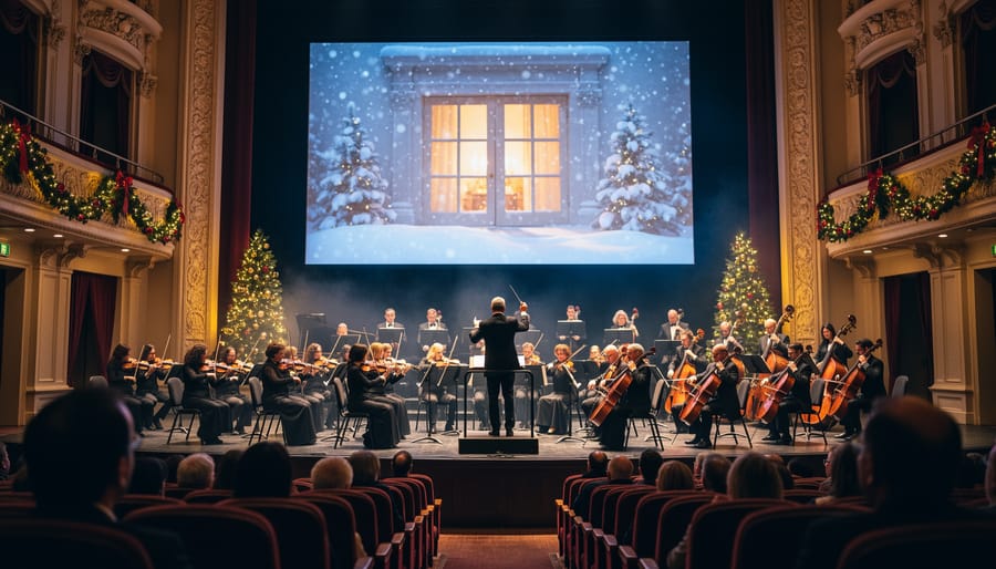 Full orchestra performing to a holiday film projected on a large screen in an ornate concert hall, conductor leading, warm golden lights and cool blue glow, festive garlands and twinkling lights, audience silhouettes in foreground.