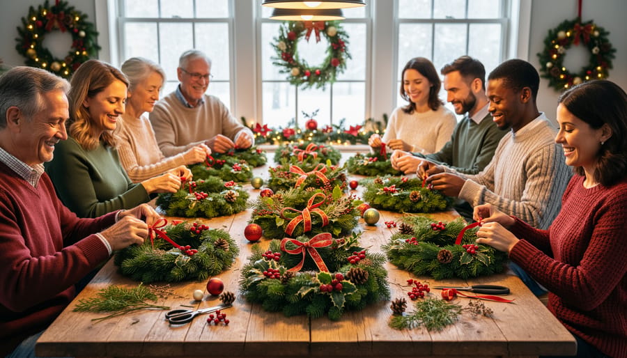 Group of adults crafting Christmas wreaths together at a table with evergreen branches and supplies