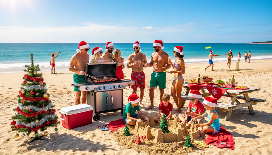 Australian beach Christmas celebration with family barbecue on sandy shore