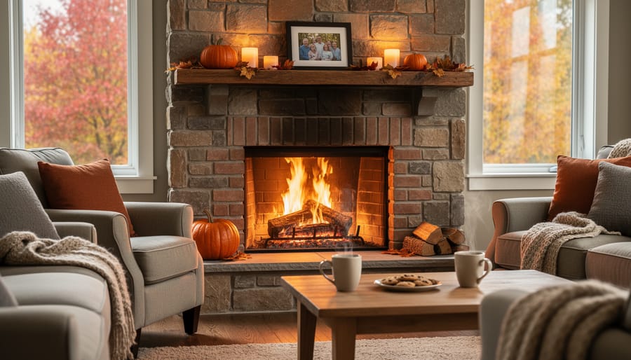 Cozy fireplace with autumn decorations and crackling fire in holiday home interior