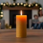Eye-level close-up of a natural beeswax pillar candle burning on a wooden table, with blurred pine garland, twinkle lights, an unlit scented jar candle, and soft family silhouettes in the background under warm amber lighting.