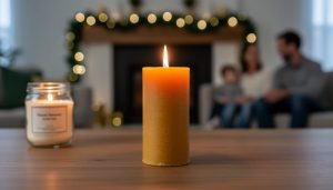 Eye-level close-up of a natural beeswax pillar candle burning on a wooden table, with blurred pine garland, twinkle lights, an unlit scented jar candle, and soft family silhouettes in the background under warm amber lighting.