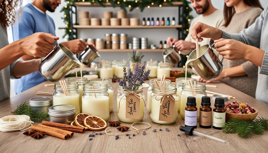 Overhead view of candle-making supplies including glass jars, wax, wicks, and natural botanicals
