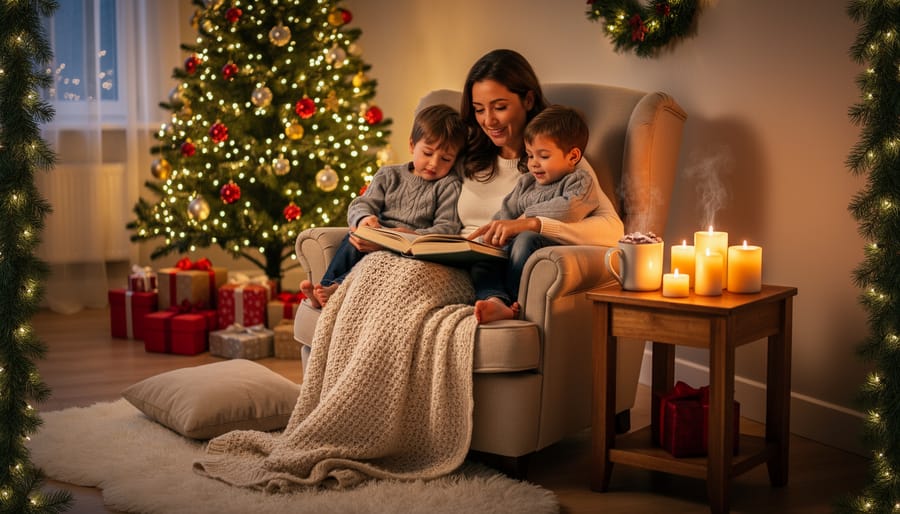 Family gathered around candles in cozy Christmas Eve reading corner