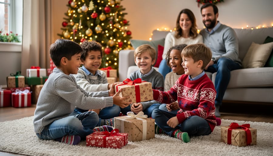 Child's hands wrapping Christmas present with red paper and gold ribbon