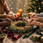 Four adults craft a eucalyptus and dried orange wreath and hand-dipped beeswax candles at a wooden table with ribbons, pine sprigs, and warm string lights, while a softly blurred Christmas tree glows in the background.