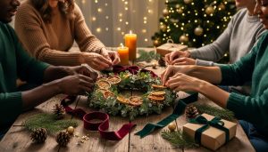 The Christmas Crafts That Bring Grown-Ups Together (Finally!) Four adults craft a eucalyptus and dried orange wreath and hand-dipped beeswax candles at a wooden table with ribbons, pine sprigs, and warm string lights, while a softly blurred Christmas tree glows in the background.
