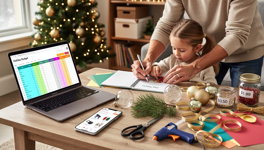 Assortment of Christmas decorations, ornaments, lights, and crafting supplies arranged on wooden table