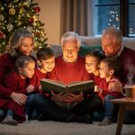 Multigenerational family sitting in a cozy circle by candles, reading a storybook next to a decorated Christmas tree, with cocoa mugs and pillows, warm golden light, and softly blurred background details.