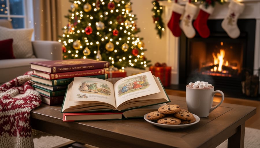 Hands holding open classic Christmas storybook by candlelight