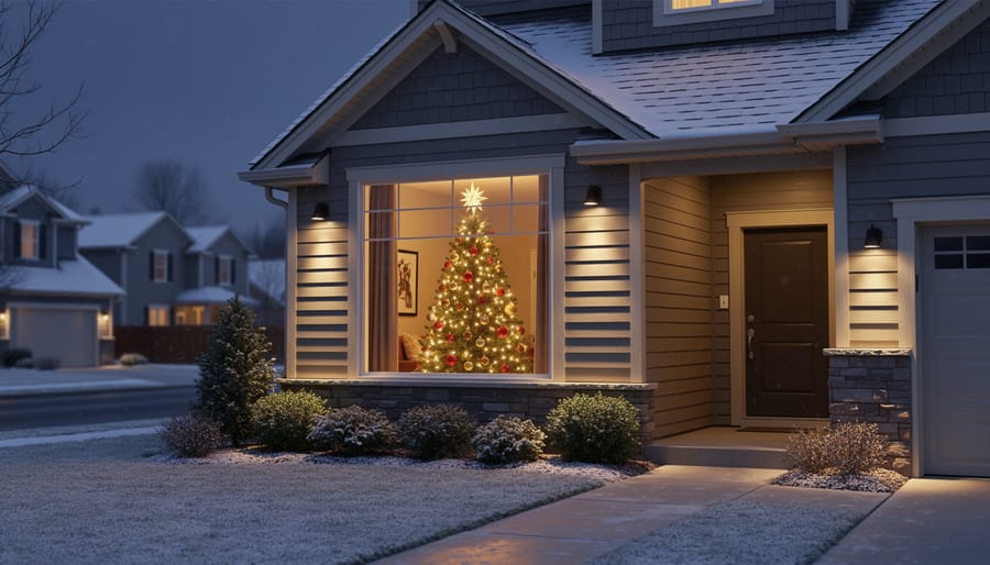 Christmas tree illuminated in window viewed from outside with directional exterior lighting