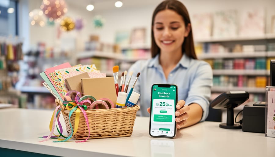 Overhead view of Christmas craft supplies with smartphone and credit card on wooden table