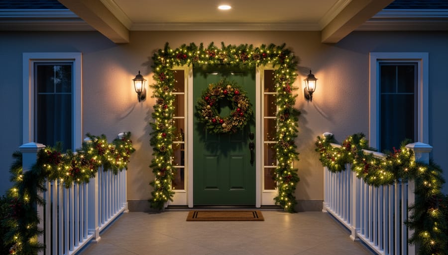 House exterior with directional spotlights illuminating Christmas wreath and garland at twilight