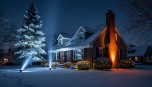 Nighttime photo of a snow-dusted suburban home with ground spotlights casting cool white on a tall evergreen and warm amber on a brick chimney, subtle string lights, and moonlit downlighting, with neighboring houses and bare winter trees in the background.