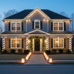 Twilight view of an elegant suburban house with warm white roofline lights, spiral-wrapped porch columns, cool white window outlines, garland and green wreath at the front door, and walkway luminaries; bare winter trees and softly blurred neighboring homes behind.