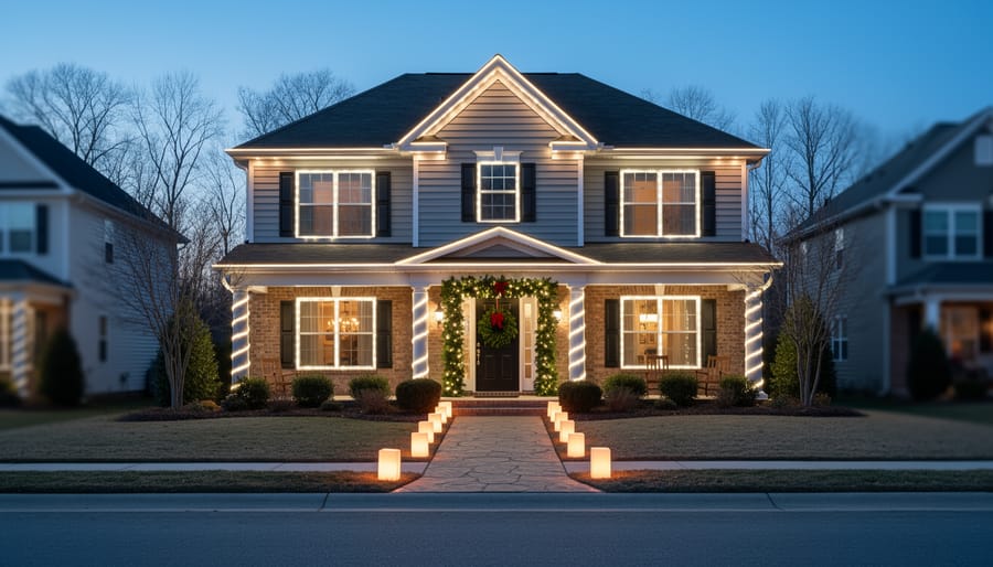 Twilight view of an elegant suburban house with warm white roofline lights, spiral-wrapped porch columns, cool white window outlines, garland and green wreath at the front door, and walkway luminaries; bare winter trees and softly blurred neighboring homes behind.