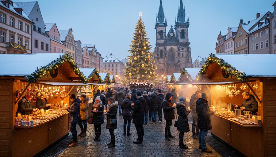 Illuminated wooden Christmas market stalls at twilight in traditional European setting