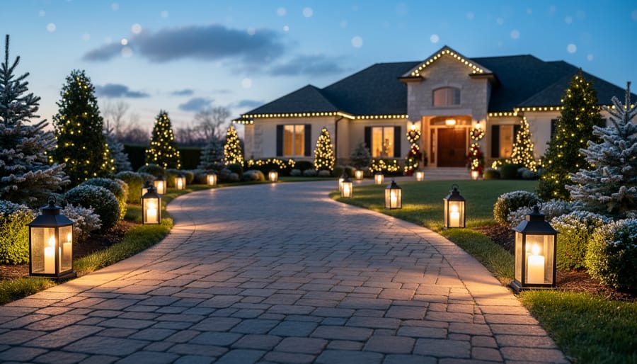 Residential driveway lined with warm white pathway lights at twilight creating welcoming illuminated path