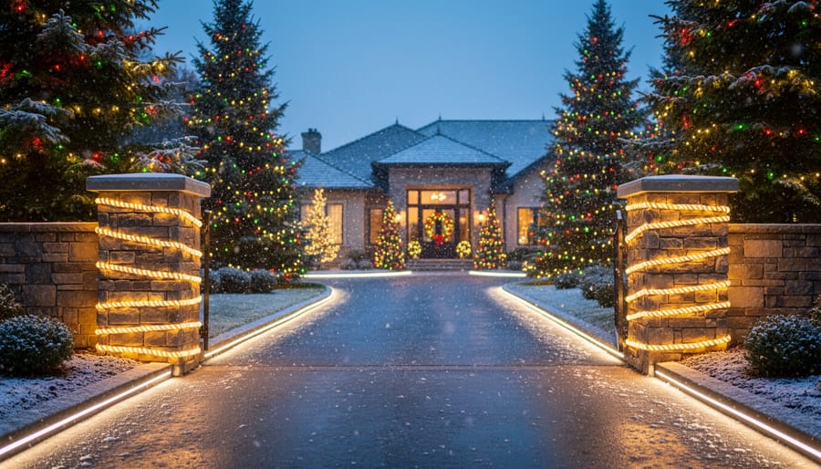Driveway entrance at blue-hour dusk with light snowfall, permanent LED track lights lining both sides, stone pillars wrapped in rope lights, and mature evergreen trees wrapped in warm white strands with subtle red and green accents; house and landscaped shrubs softly visible in background.
