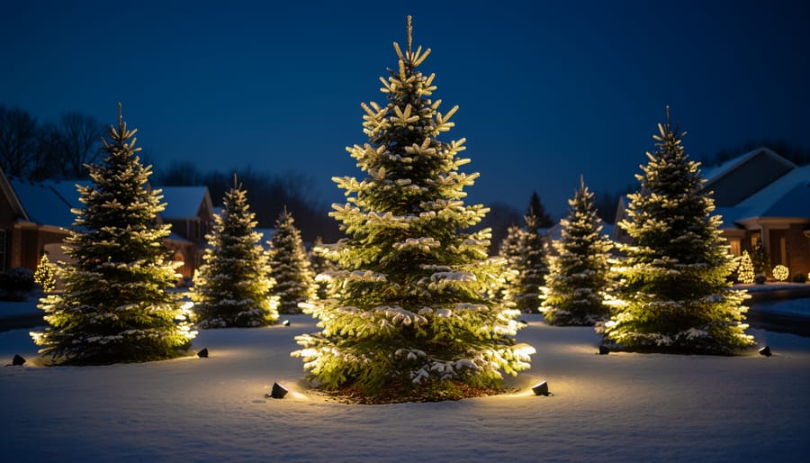Snow-covered evergreen tree dramatically lit with upward directional spotlights at night
