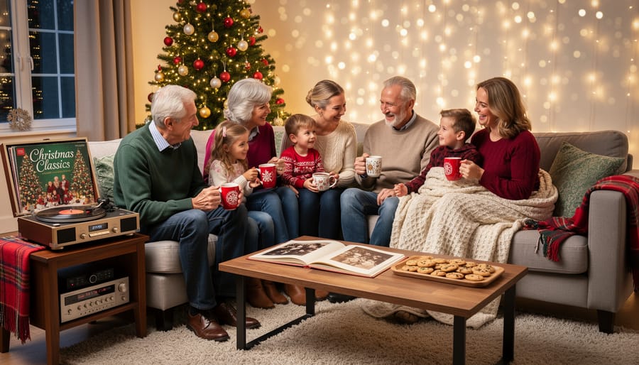 Family baking Christmas cookies together in kitchen with music playing