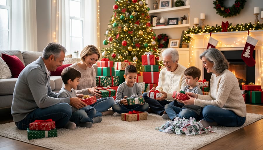 Multi-generational family gathered in circle around Christmas presents in living room