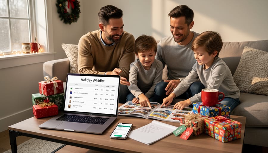 Family planning Christmas shopping together with wishlist and laptop