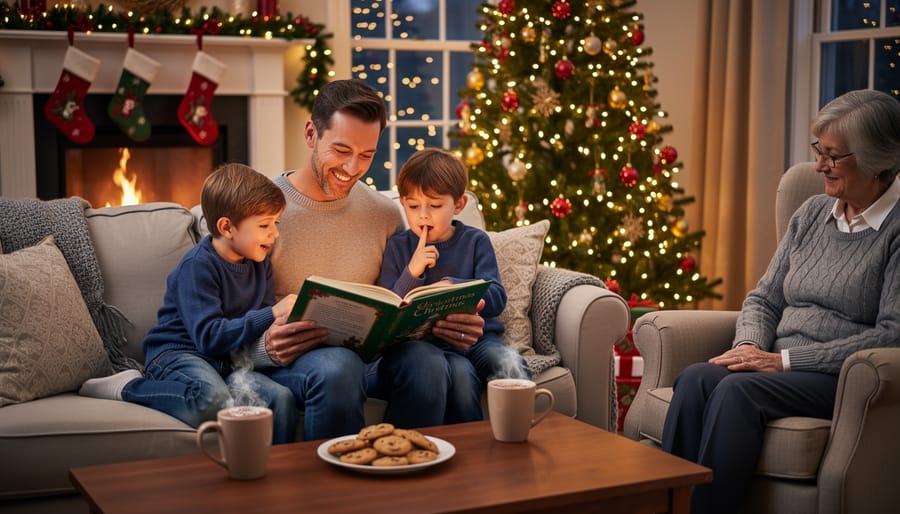 Parent and child reading together by candlelight on Christmas Eve